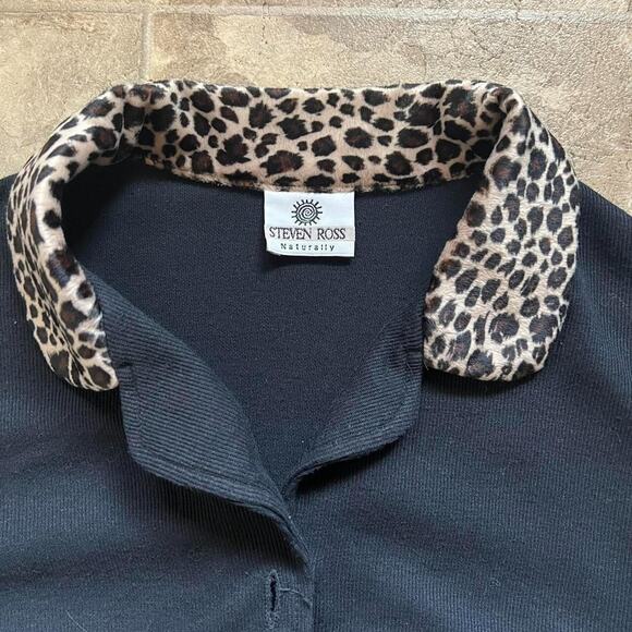 Vintage 80s Womens Knit Cardigan Black Cheetah Print Collar Mob Wife Punk Goth - Picture 2 of 9